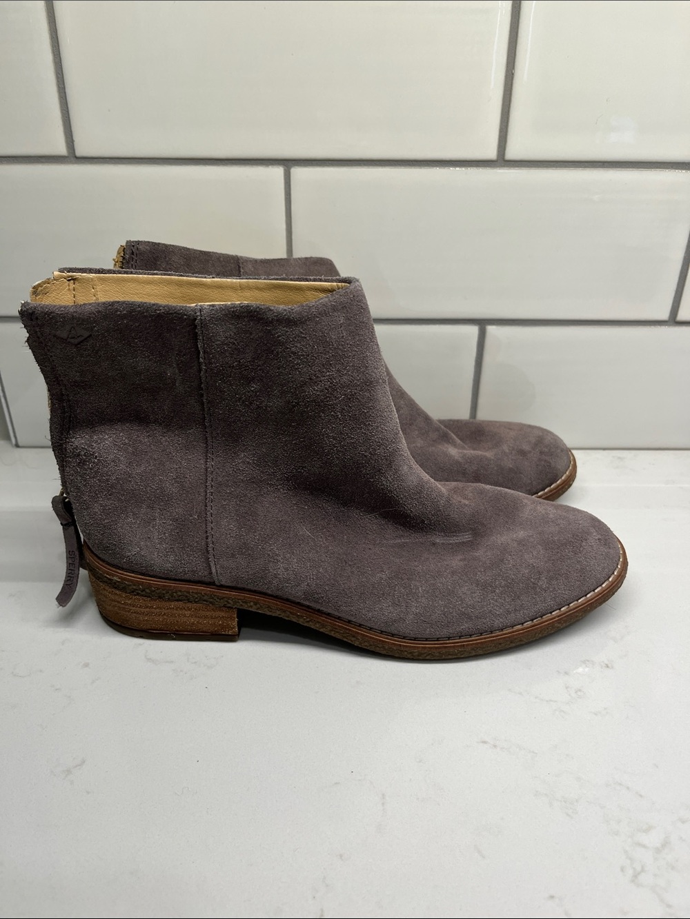 Women’s Sperry Gray Suede Back Zip Stacked Heel Maya Belle Ankle Booties